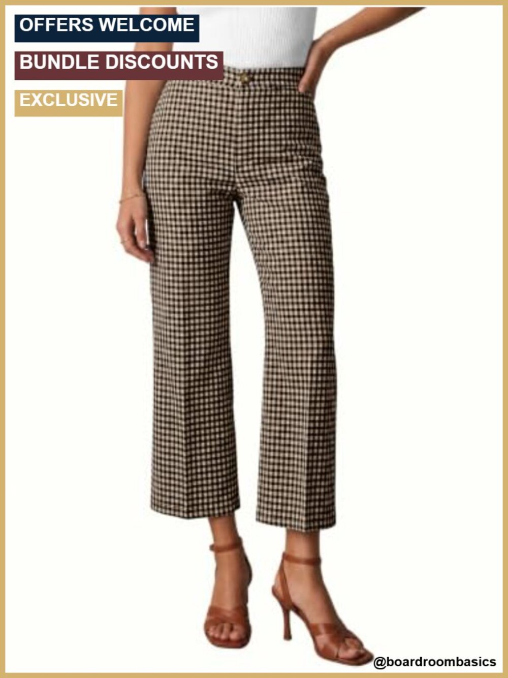 Gingham Plaid Cropped Trousers High Waisted Wide Leg Pants with Pockets